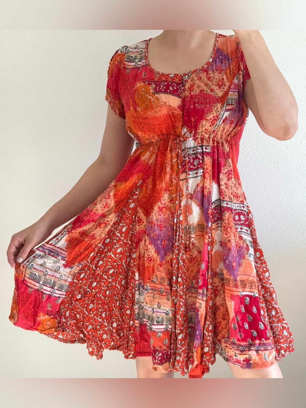 Bila Patchwork Dress Beaded Drawstring